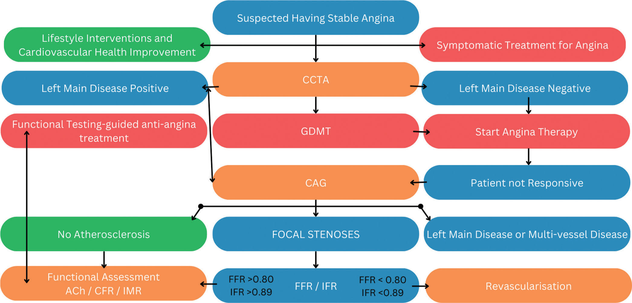 Algorithm for innovative directions in management of stable ischaemic heart disease. ACh: acetylcholine, CFR: coronary flow reserve, IMR: index of microvascular resistance, FFR: fractional flow reserve, IFR: instantaneous wave-free ratio, CAG: coronary angiography, GDMT: guideline directed medical therapy, CCTA: coronary computed tomography angiography.